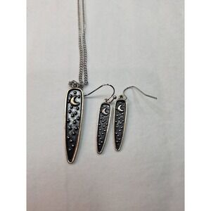 Celestial Crescent Moon Star Owl Pendant Necklace and Earrings Set Silver